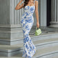 Floral Ruffle Back Tie Halter Maxi Bodycon Mermaid Dress With Multiple Patterns