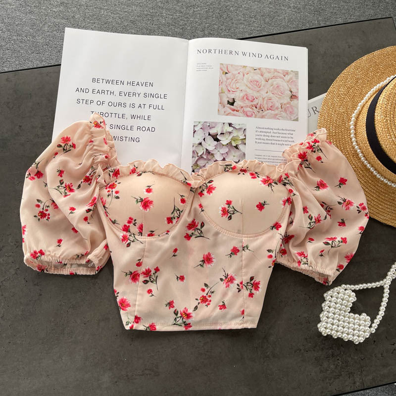 Women's Short Wood Ears With Chest Pads And Floral Chiffon Shirt