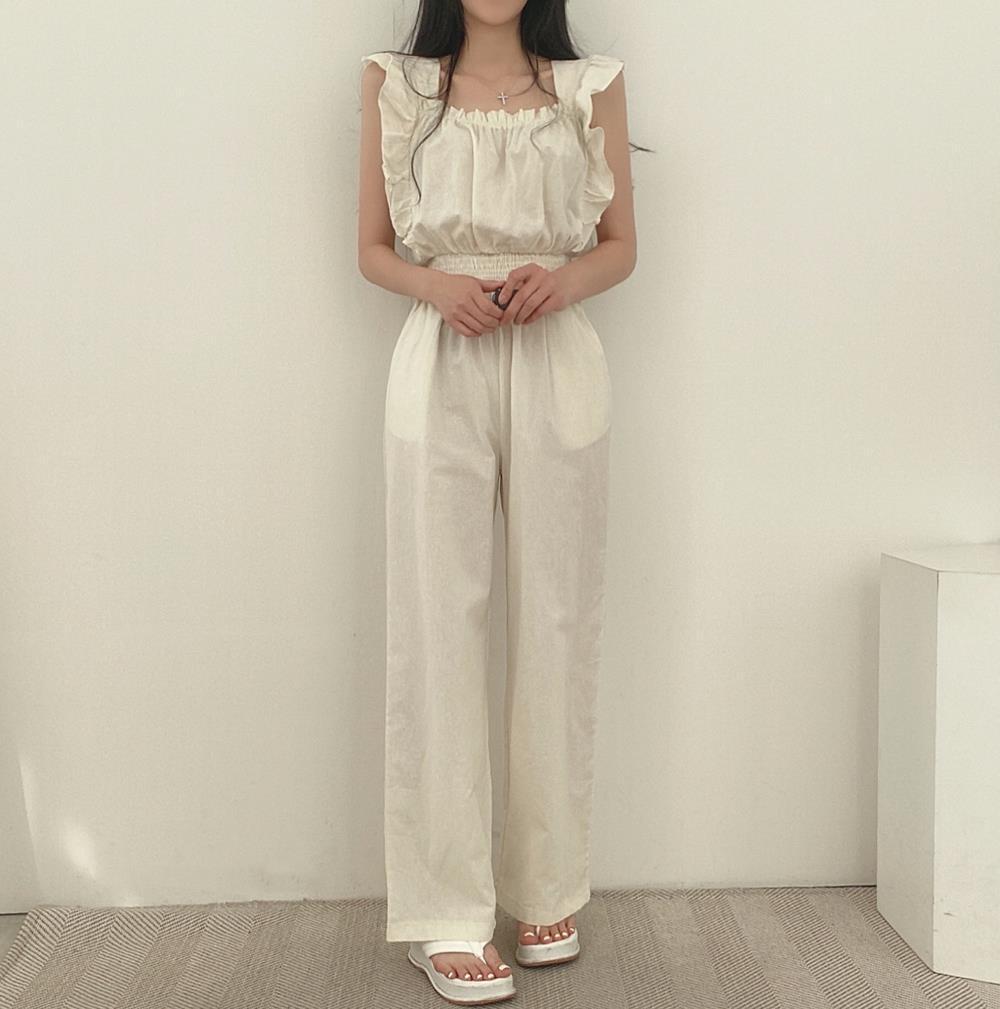 Combinaison rétro française à col carré et manches volantées, taille haute, élastique et jambes larges pour femme