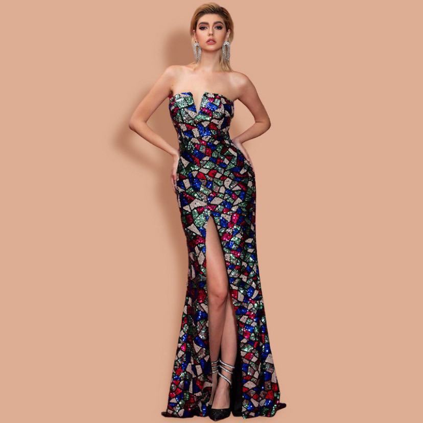 Women V Neck Off Shoulder Sequin Ma