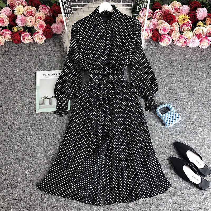 Women's POLO Collar Slim Fit Long Polka Dot Chiffon Pleated Skirt
