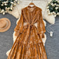 Retro Print Lapel Collar Lace Up Ruffle Hem Dress For Women