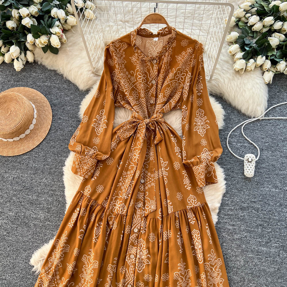 Retro Print Lapel Collar Lace Up Ruffle Hem Dress For Women