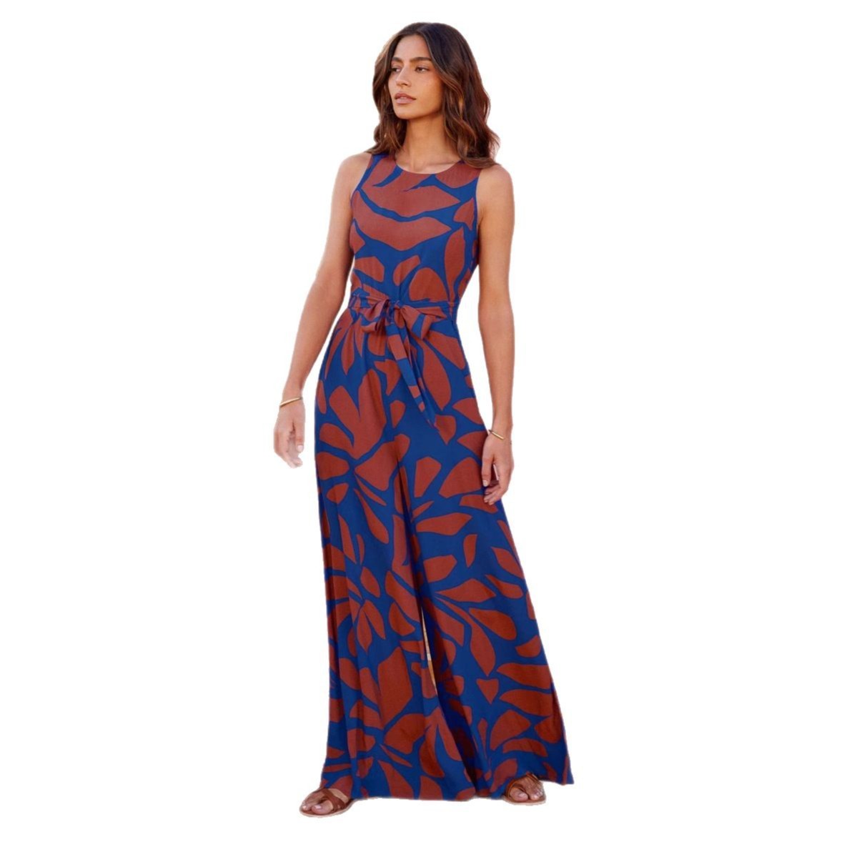 Fashion Round Neck Printed Waist-controlled Jumpsuit Women