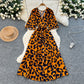 Five-quarter-sleeve Fitted-waist Single-breasted Printed Dress