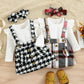 Robe salopette à carreaux avec haut à rayures et nœud, manches à volants, ensemble deux pièces pour fille