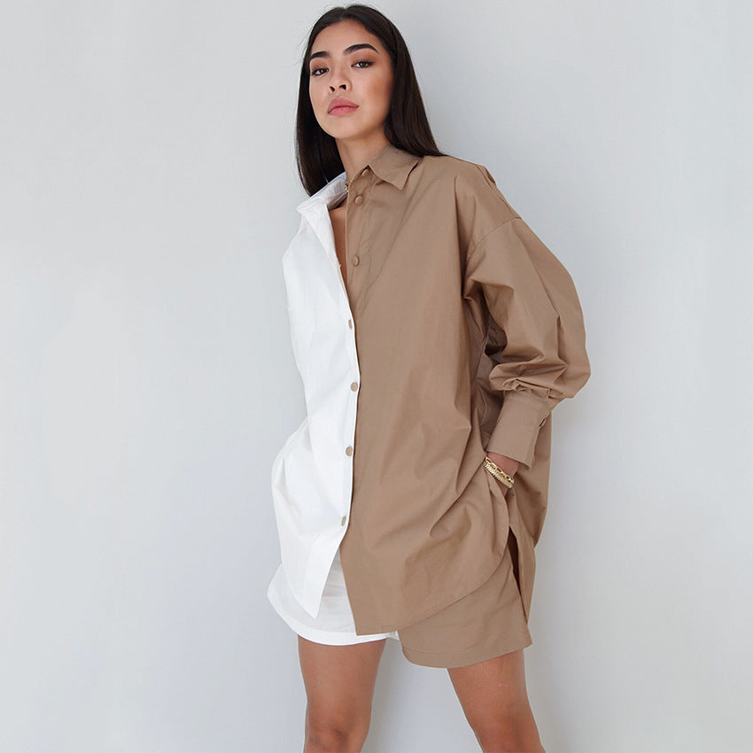 Contrast Color Long Sleeve Shirt Shorts Two-Piece Set