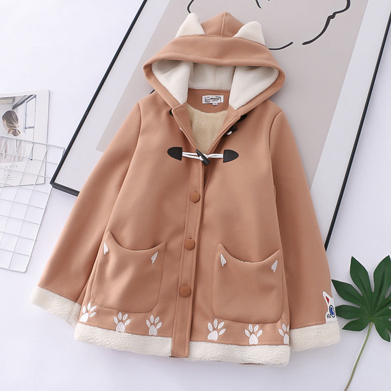 Manteau à capuche en laine japonaise à boutons de vache