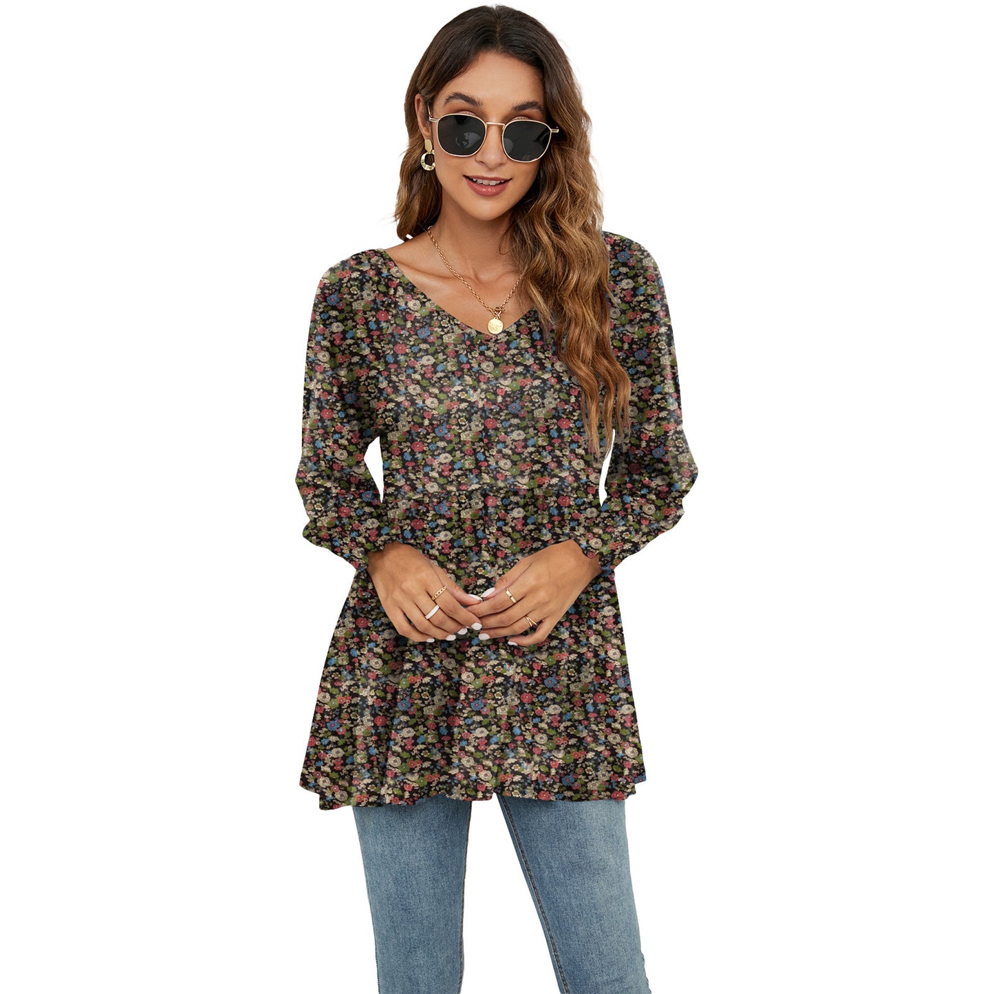 Hauts à manches longues bouffantes pour femmes, imprimés floraux, chemisiers décontractés à col en V, t-shirts, hauts babydoll
