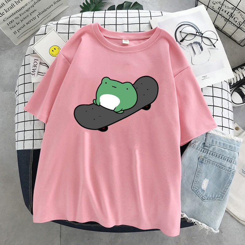 T-shirt col rond à manches courtes et col rond pour femme, vêtement simple et mignon, style grenouille, haut ample et amincissant, été