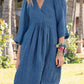 European And American Cotton And Linen Style Solid Color Three-quarter Length Sleeve V-neck Medium Dress