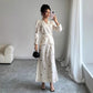 New V-neck Puff-sleeved Waist-cinched Satin Dress With A Cherry Print