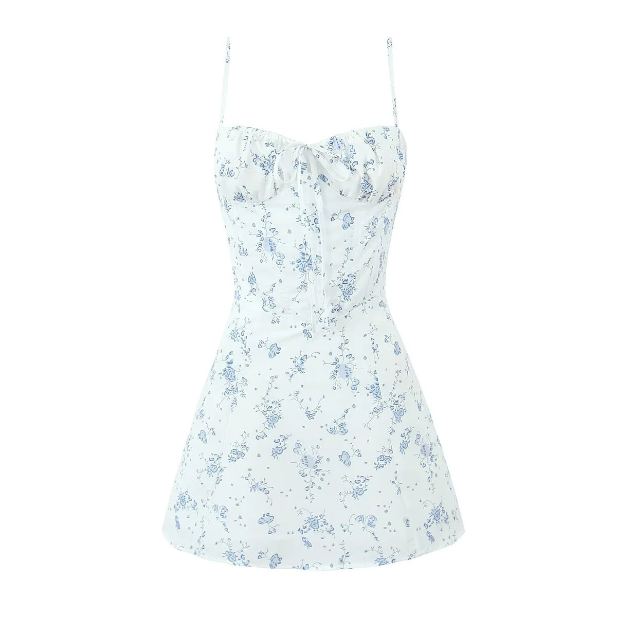 Seaside Holiday Floral Strap Back Cross Tied Slim Fit Fishbone Mini Dress