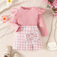 Girl's Long-sleeved Top With Plaid Bow Short Skirt Set