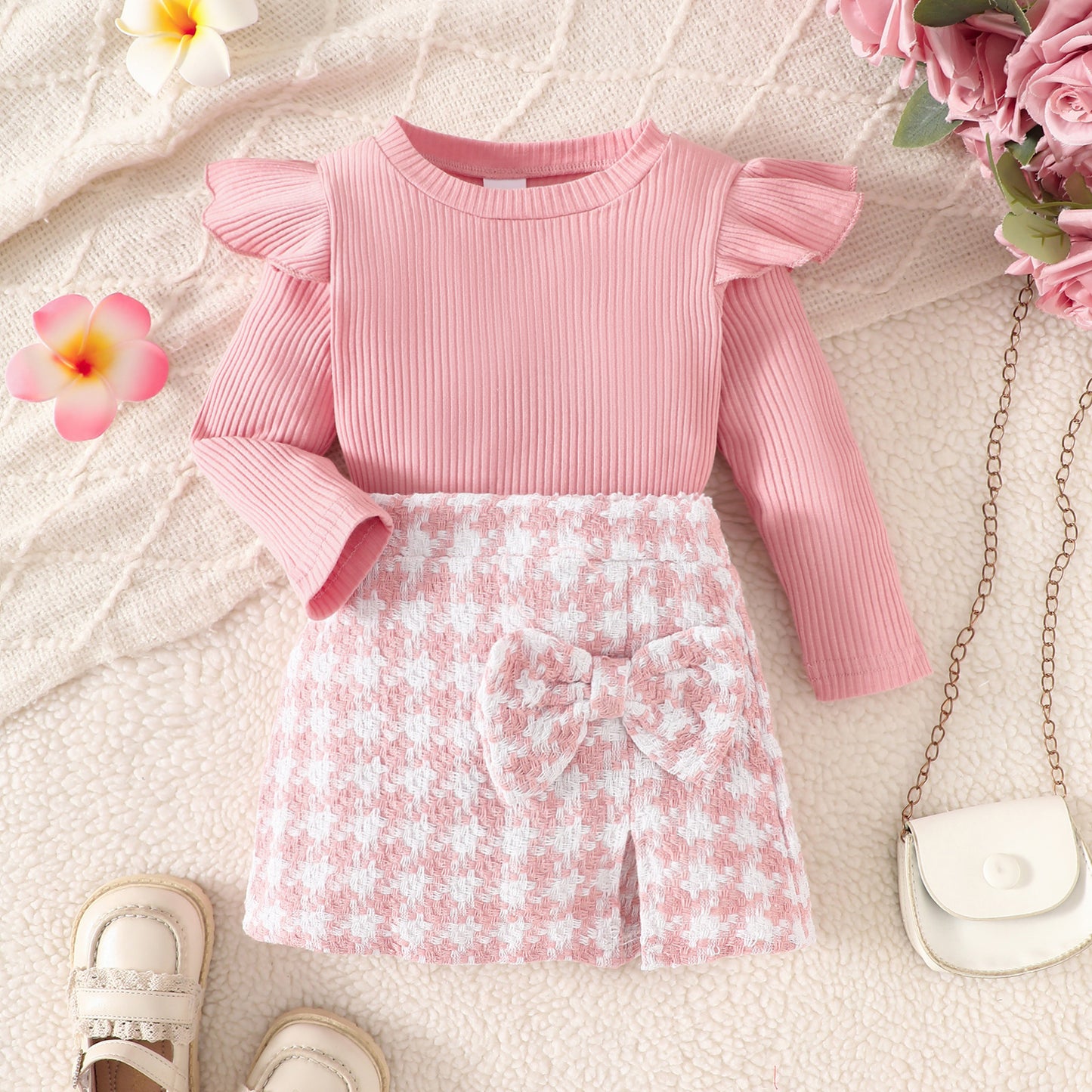 Girl's Long-sleeved Top With Plaid Bow Short Skirt Set