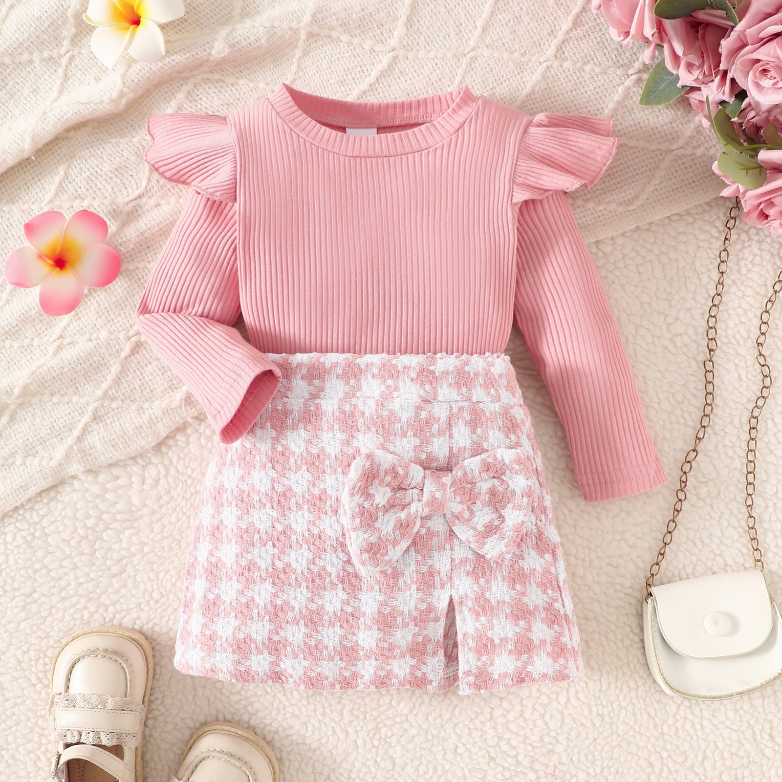 Girl's Long-sleeved Top With Plaid Bow Short Skirt Set