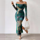 Printed Pleated Tight Split Square Collar Dress