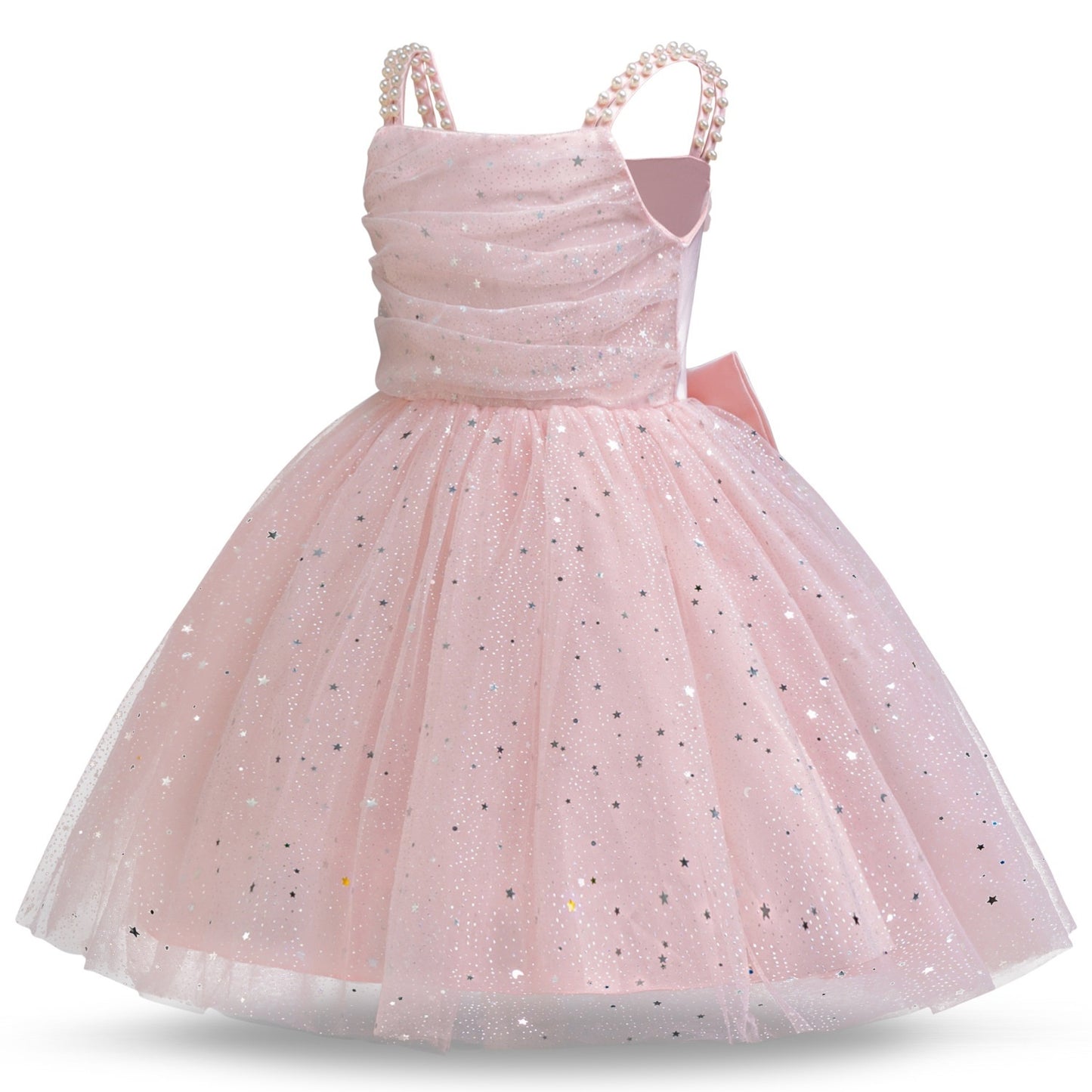 Summer Girls' Dress Cute Bow Star Mesh Pearl Suspender Dress