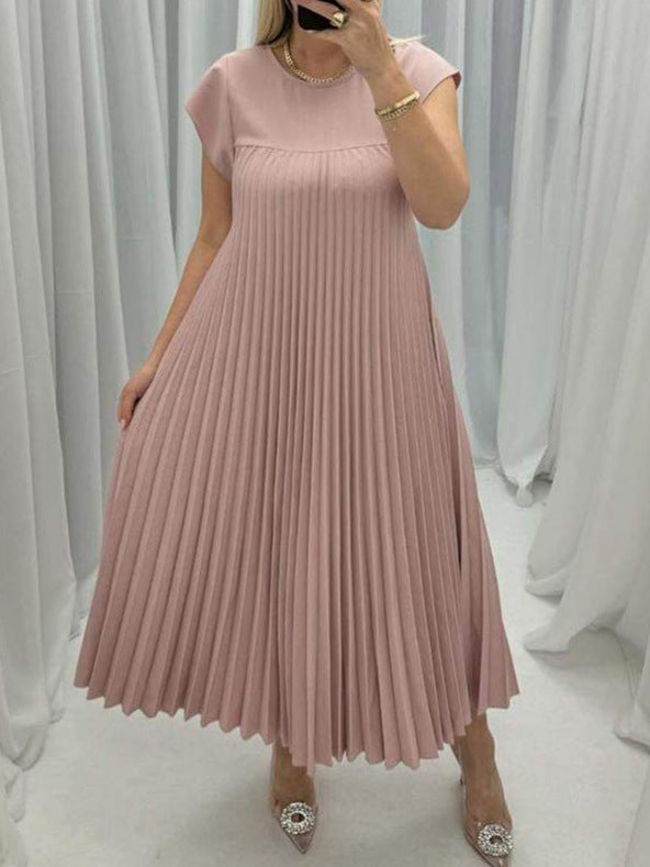 Robe longue plissée à manches courtes et col rond pour femme