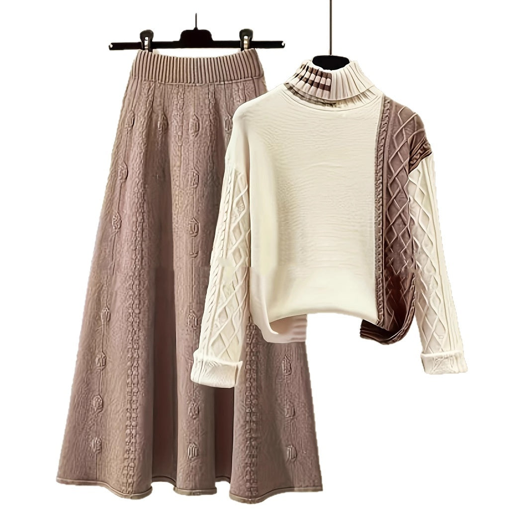 Fashion Polo Collar Contrast Color High Class Elegant Design Woolen Skirt Two-piece Set