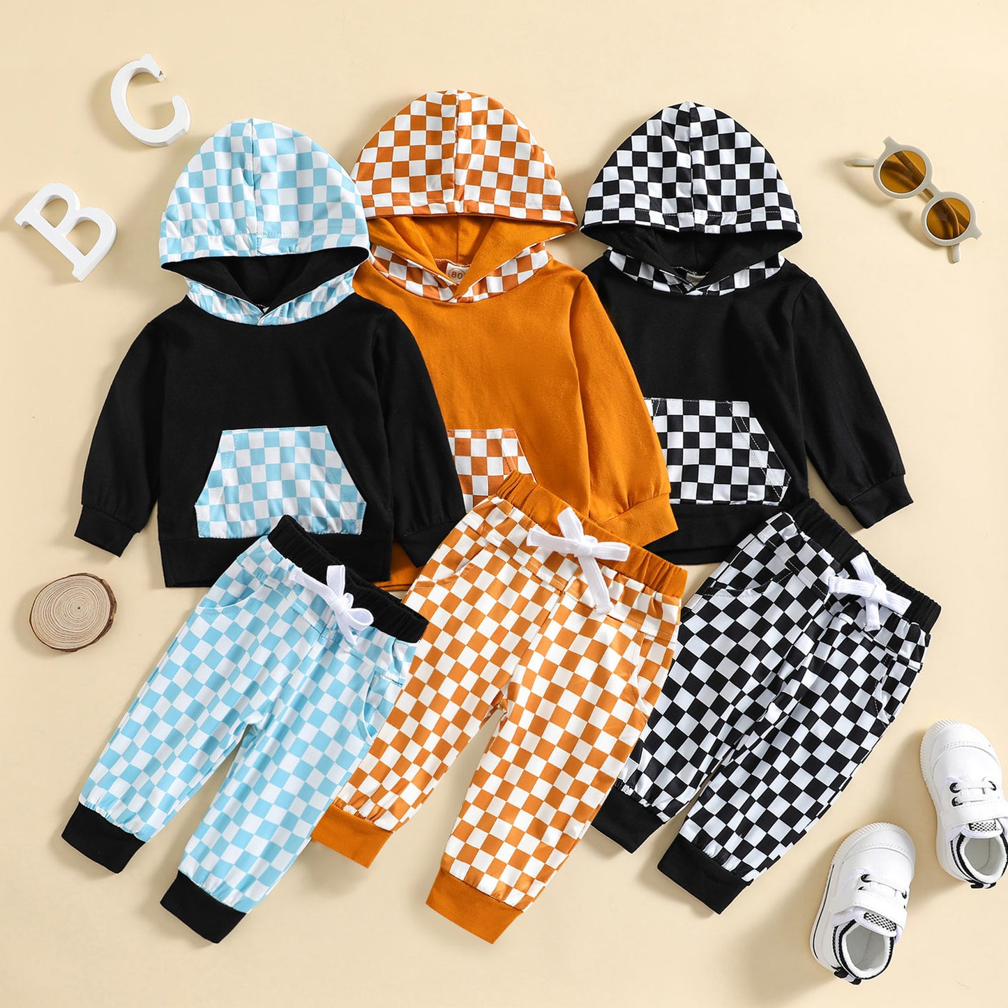 Combinaison à carreaux à capuche pour enfants, tenue de sport et de loisirs d'automne et d'hiver