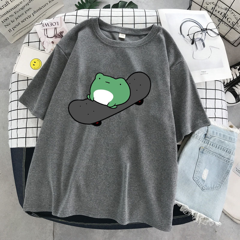 T-shirt col rond à manches courtes et col rond pour femme, vêtement simple et mignon, style grenouille, haut ample et amincissant, été
