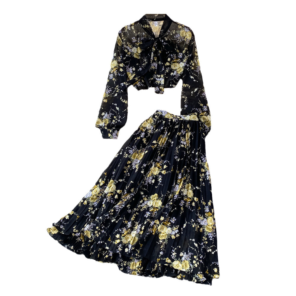 Bow-tie Lace Floral Chiffon High-Waist Pleated Skirt