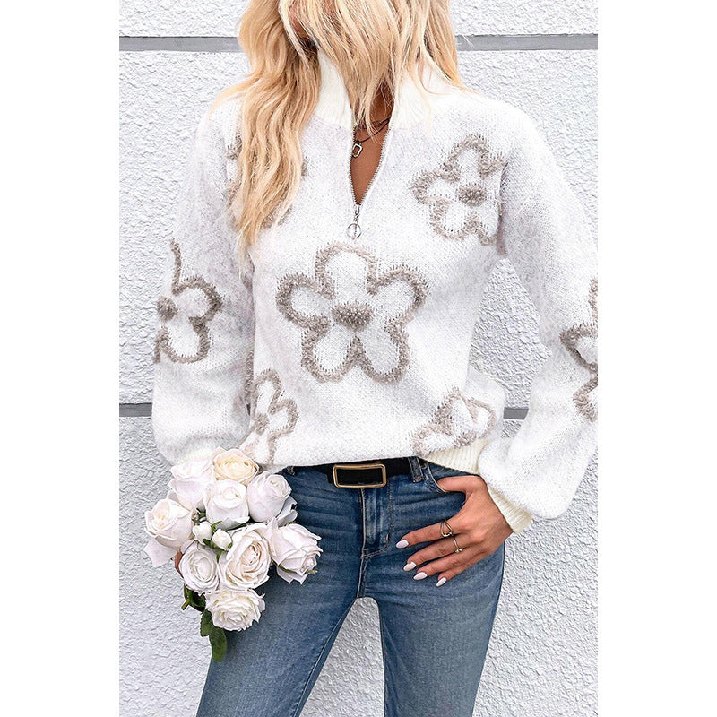 Women's Half-cardigan Zipper Pullover Flower Jacquard Sweater Top