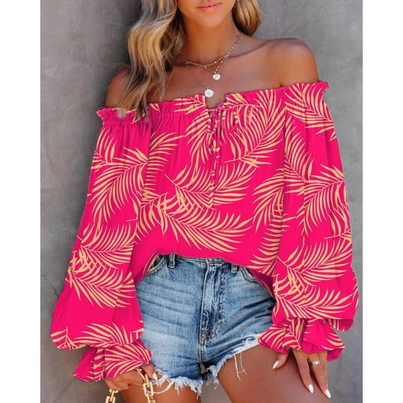 Women's Fashion Collar Strapless Long Sleeve Printed Shirt