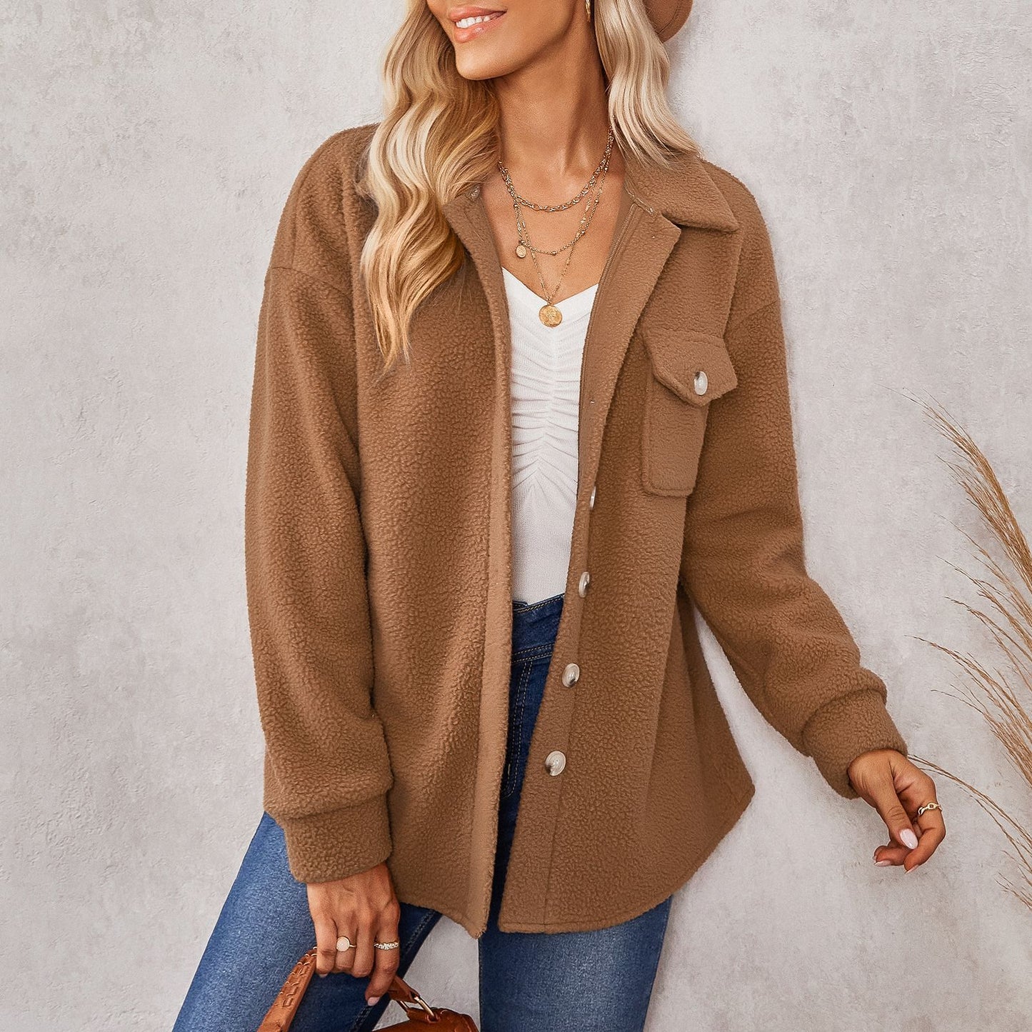 Women's Solid Color Fashion Lapel Plush Loose Jacket