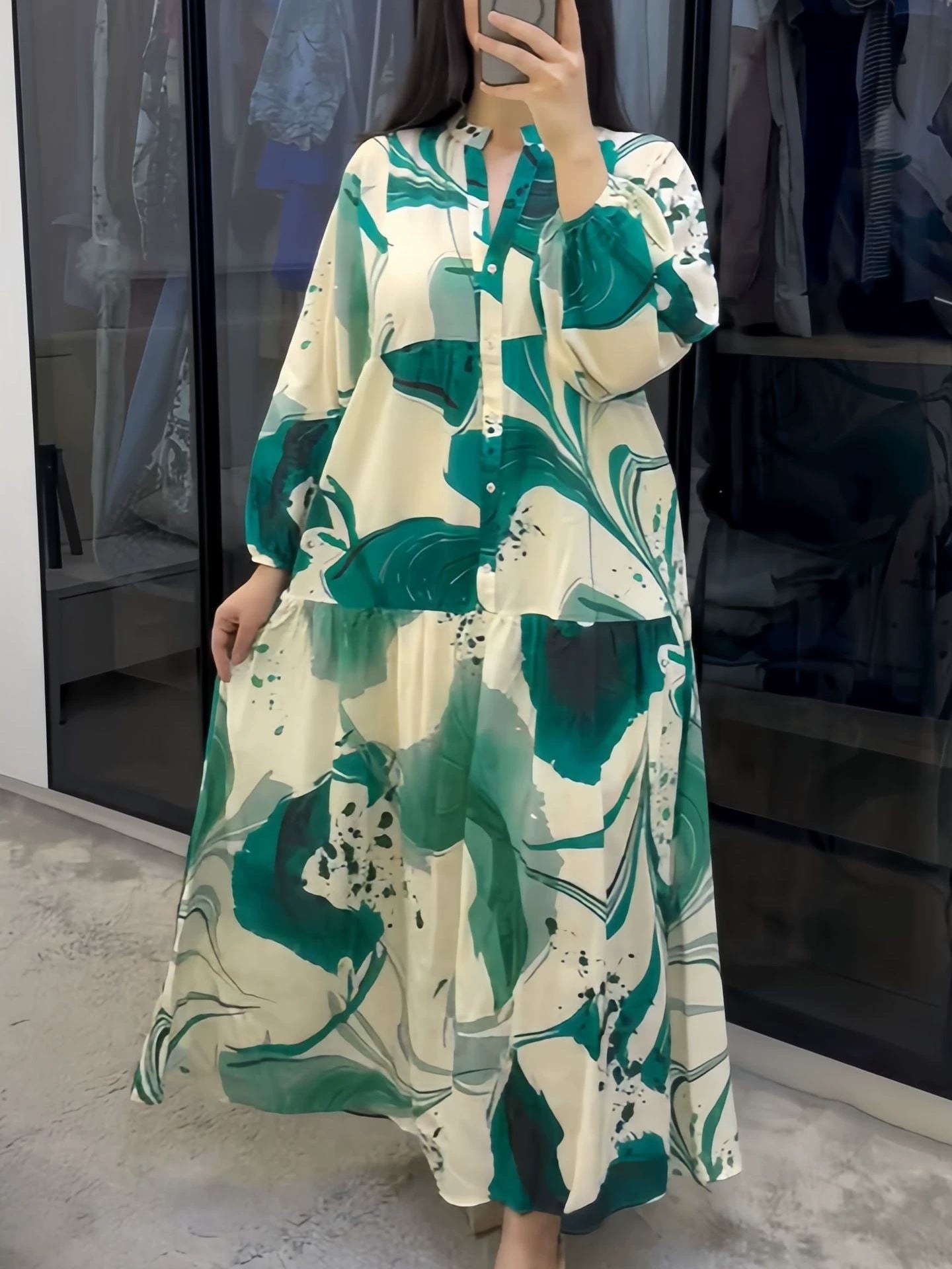 Loose Casual Long Sleeves Temperament V-neck Dress
