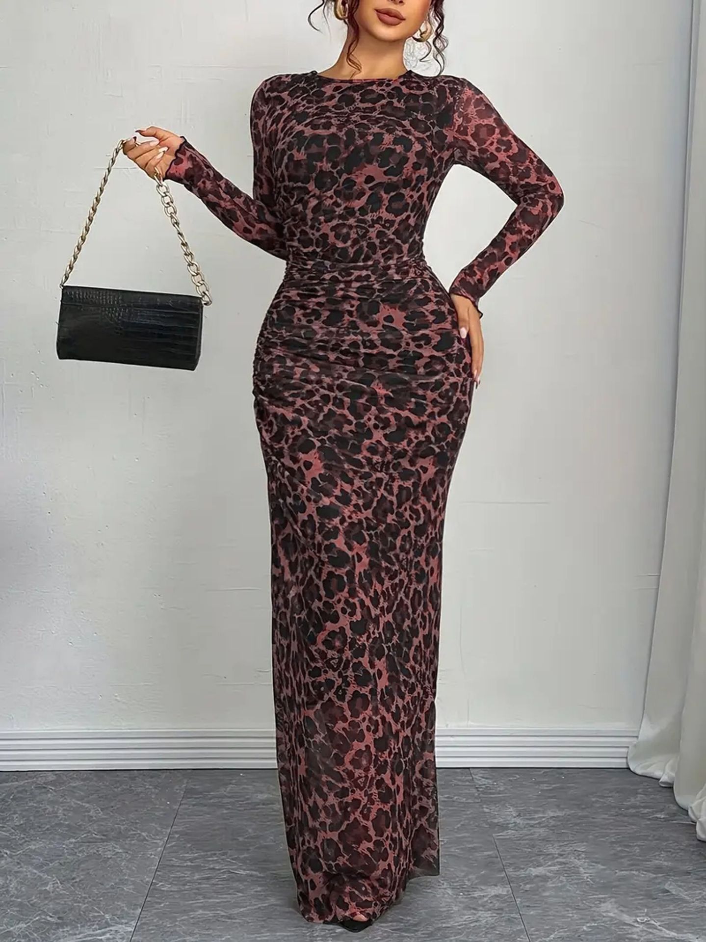 Elegant Womens Leopard-Print Sheer Long-Sleeve Bodycon Dress