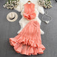 Stand Collar Ruffled Sleeveless Top High Waist Fishtail Skirt Suit