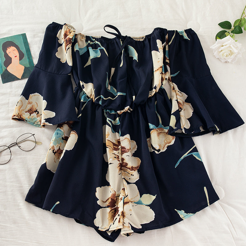 Off-the-shoulder Tie-flare-sleeve Floral-print Jumpsuit