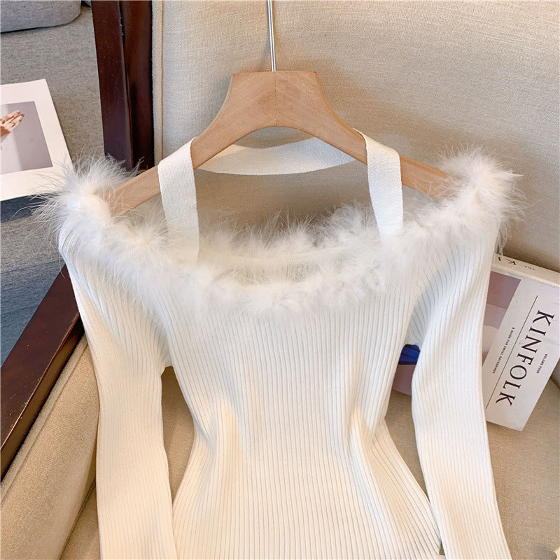 Super Fairy Fur Collar Off-shoulder Sweater Women's Design Sense Niche Off-shoulder Slim Top