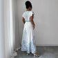 Stand-up Collar Double-breasted Front Lantern Sleeves Printed Long Dress With Lace Trim
