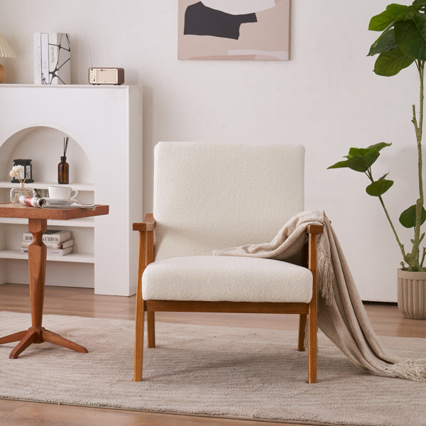 Armrests In Solid Wood, Upholstered, Teddy Velvet, Off-white, Interior Lounge Chair