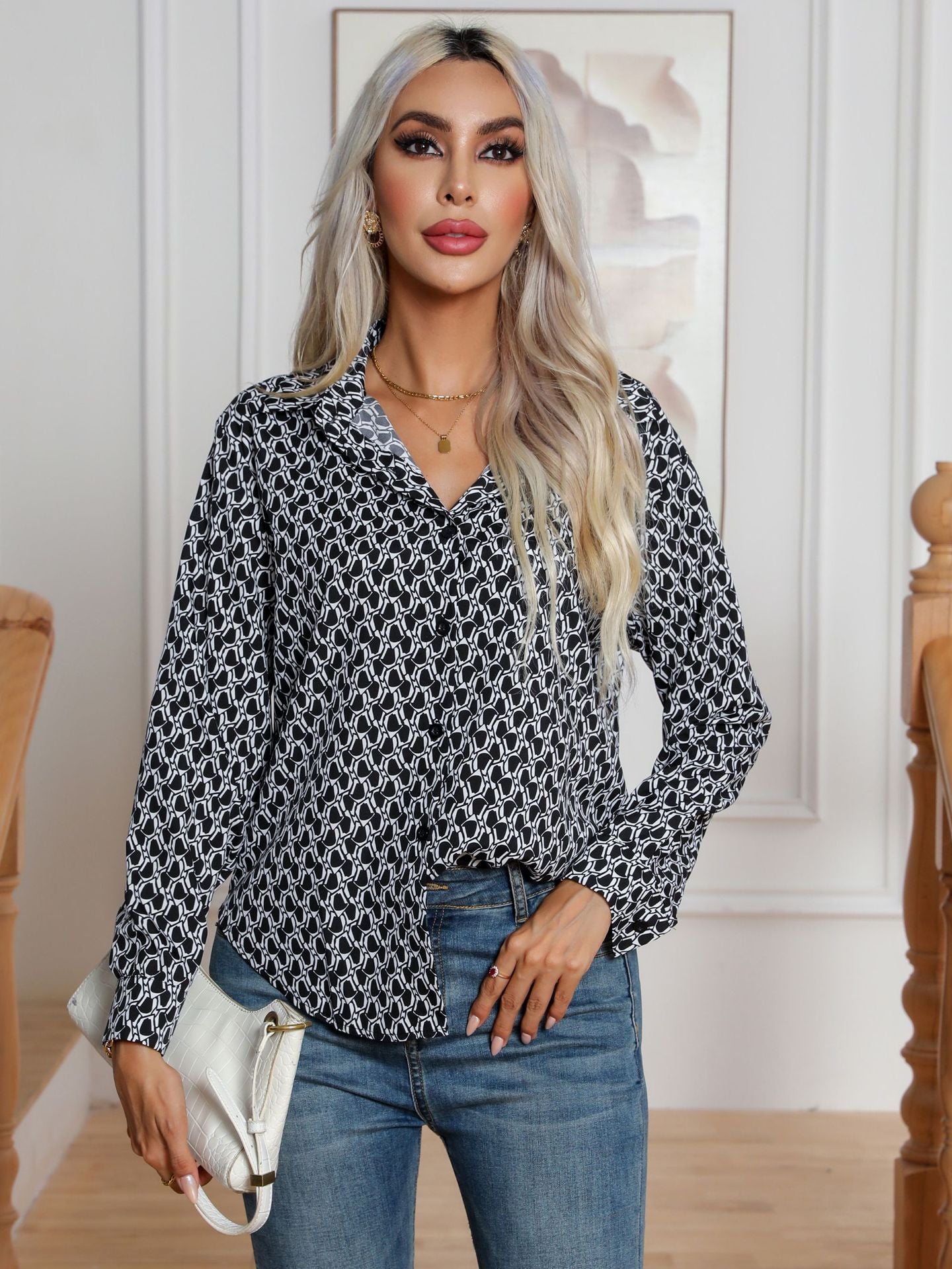 Fashion Geometry Pattern Printed Shirt Women's Long Sleeve