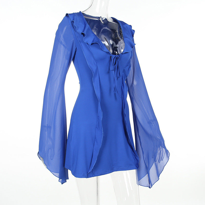 Robe sexy à volants, col en V, lacets, manches longues, jupe tendance Y2K, robes courtes slim couvrant les hanches pour femmes
