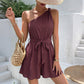 Resort-style Textured Solid-color One-shoulder Lace-up Jumpsuit