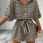 Striped Lapel Cardigan Button Half Sleeve Belt Shorts Suit Jumpsuit