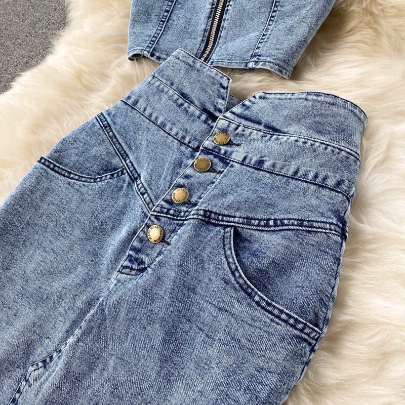 Short Camisole High Waist Denim Skirt
