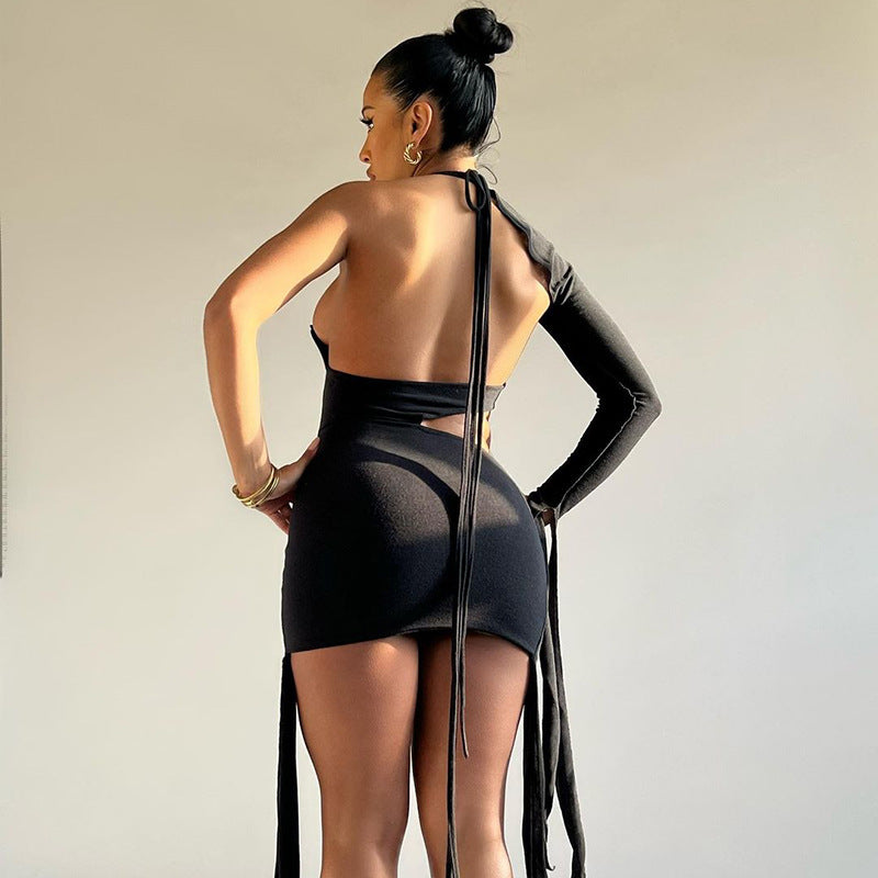 Solid Color Lace-up One-shoulder Back Openwork Dress
