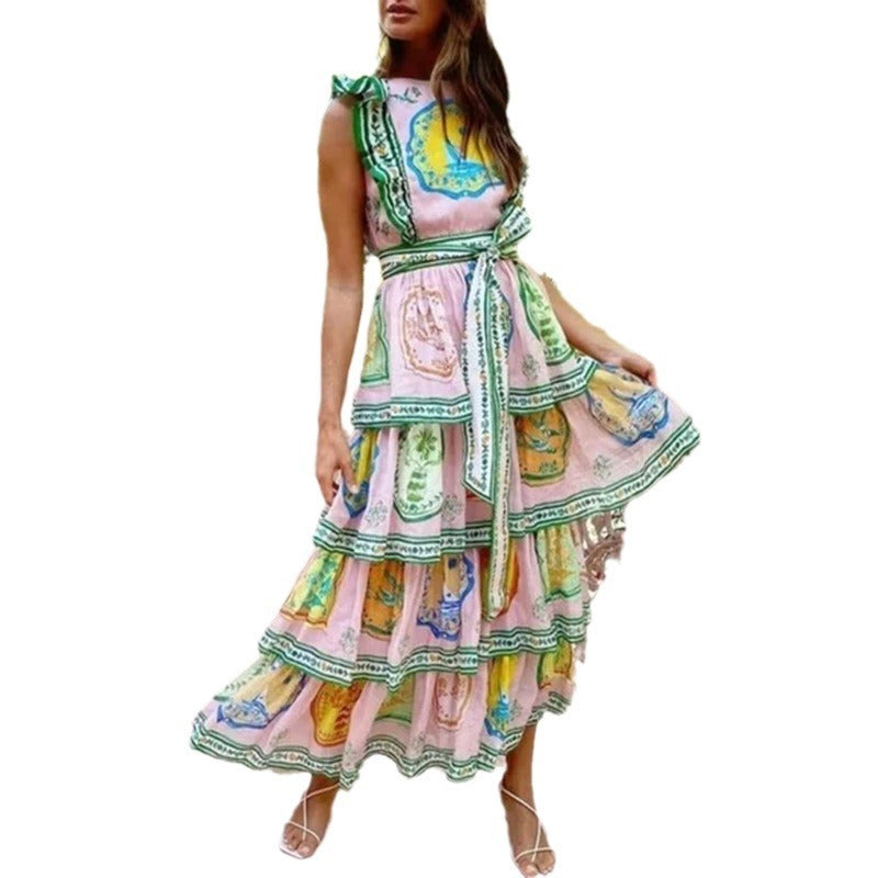 Robe à imprimé style bohème rétro minoritaire, taille haute, dos nu