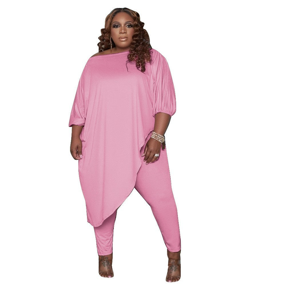 Large Size European And American Women's Clothing Cross-border Selling Spot Loose Solid Color Shoulder Two-piece Set Spring And Autumn