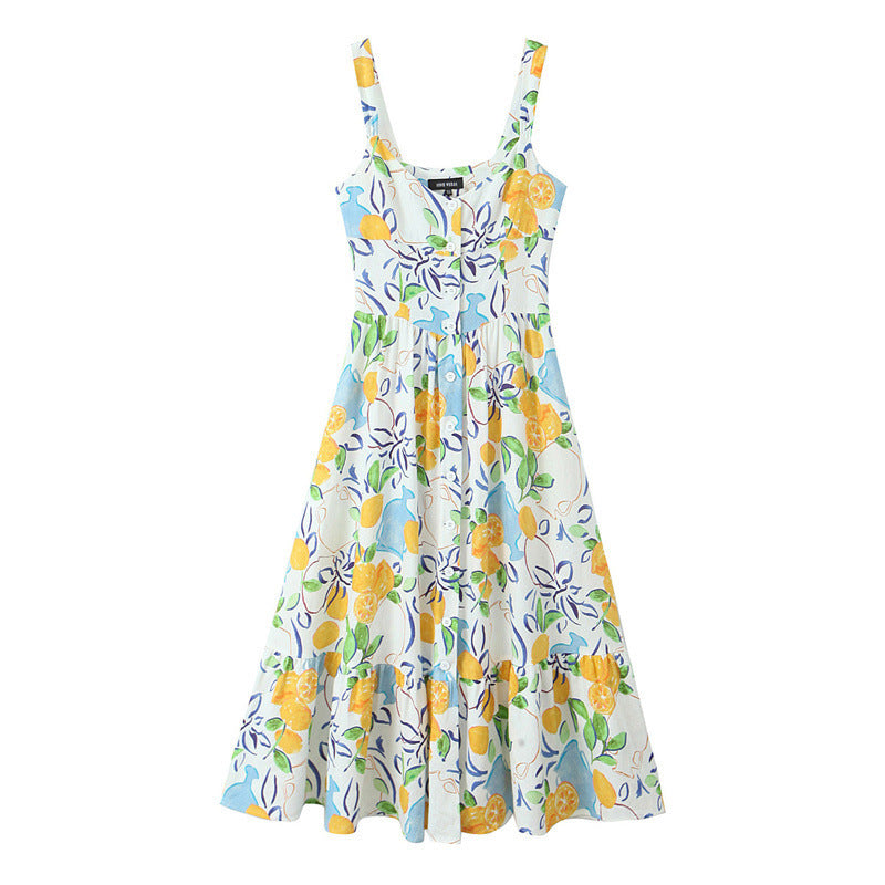 Blended Linen Printing Midi Skirt Dress