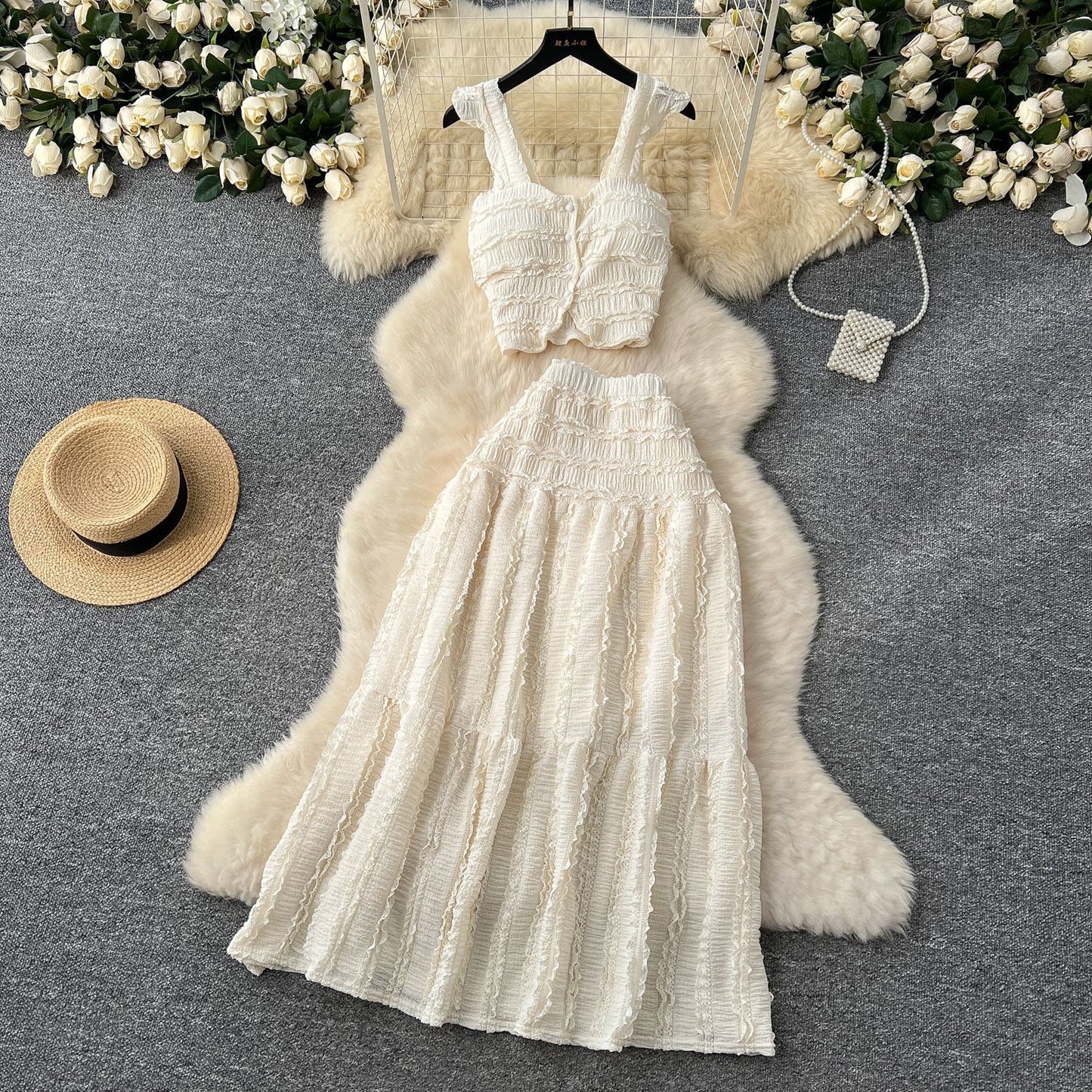 Suspender Top High Waist Crimp Skirt Two-piece Suit
