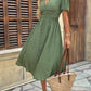 V-neck Pleated Buttoned Lantern-sleeve Dress