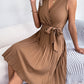 European And American Elegant Cross V-neck Sleeveless Cinched Pleated Dress