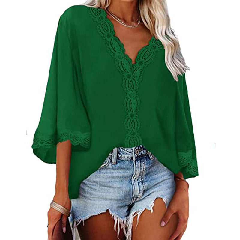 Ladies Bell Sleeve V Neck Lace Shirt